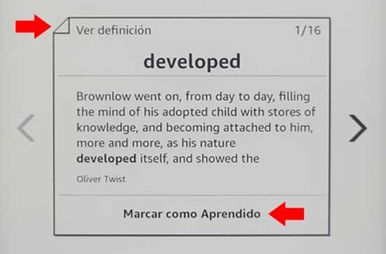 "Tarjetas Memo" muestra la palabra, la definicin y la frase del libro